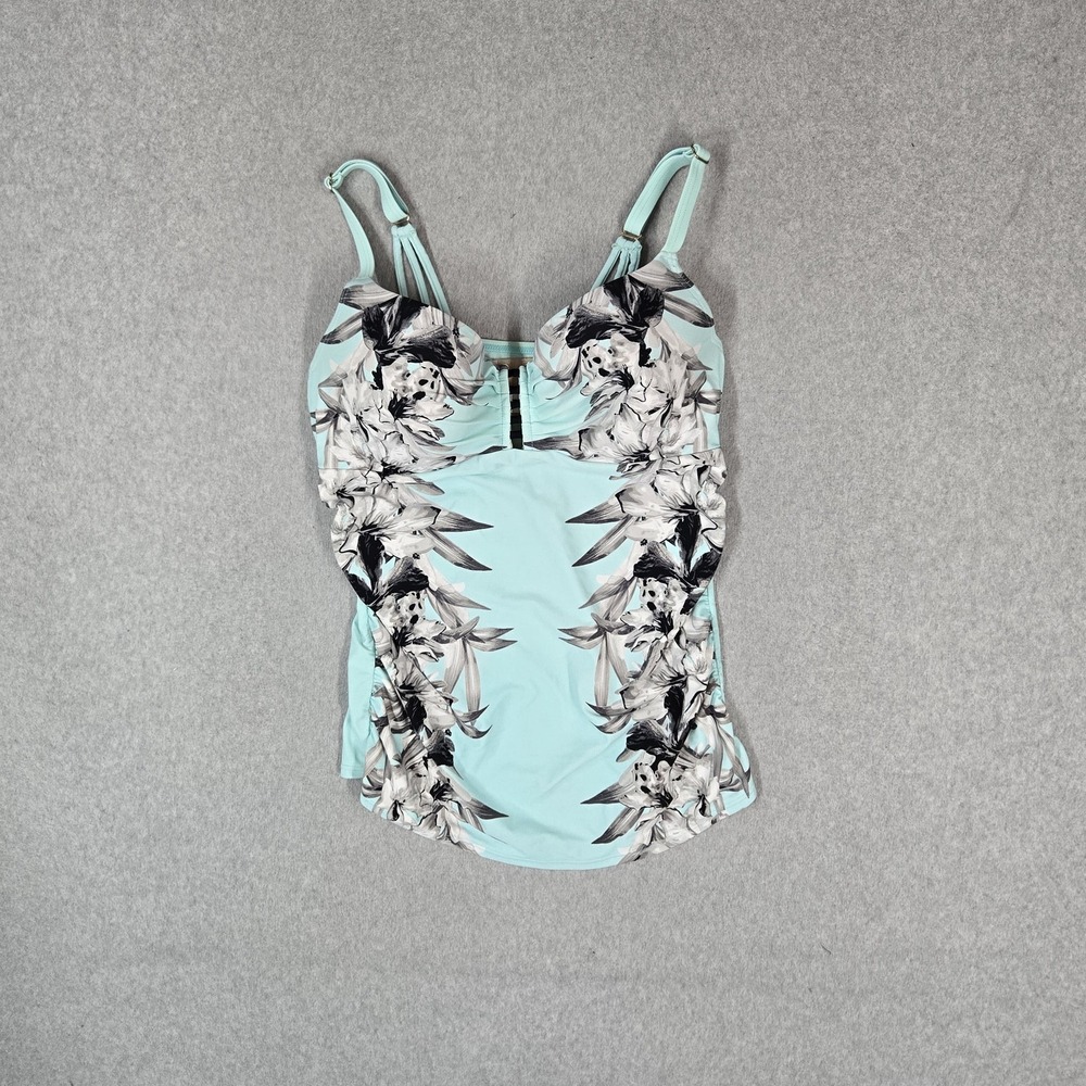 Cacique Women Swimwear 38DD Aqua Floral Tankini Top Underwired Strap Adjustable